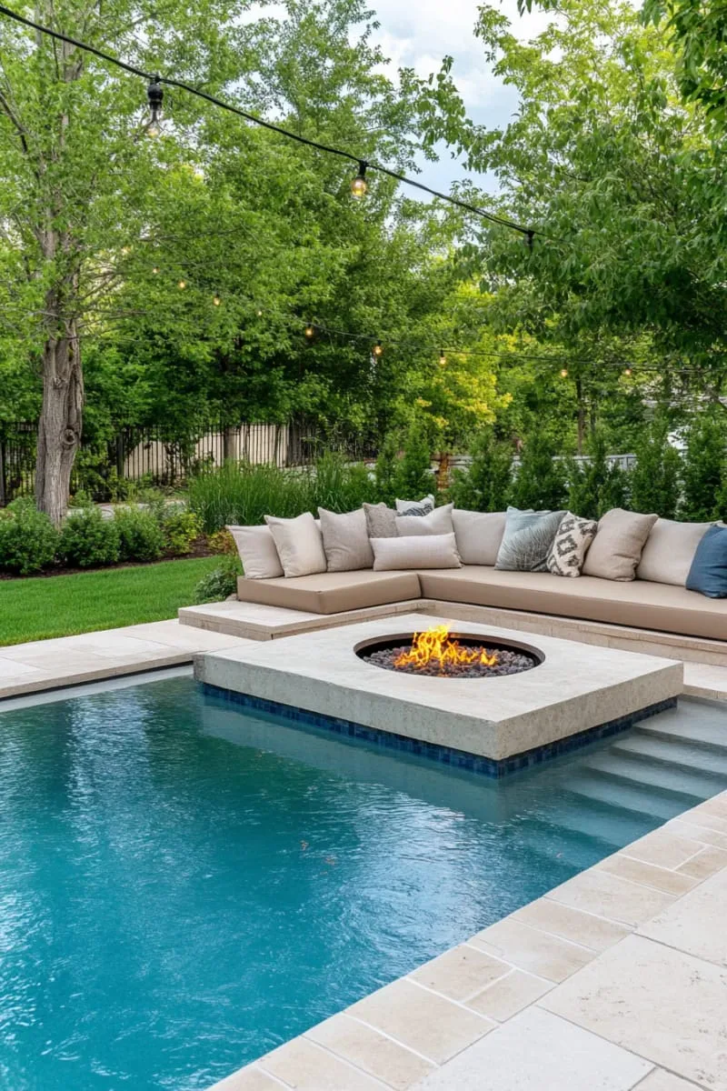 cozy firepit lounge beside the pool with built-in seating and throw pillows 1