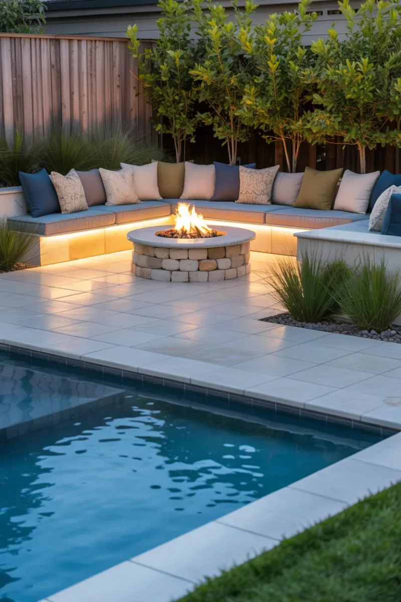 cozy firepit lounge beside the pool with built-in seating and throw pillows 1