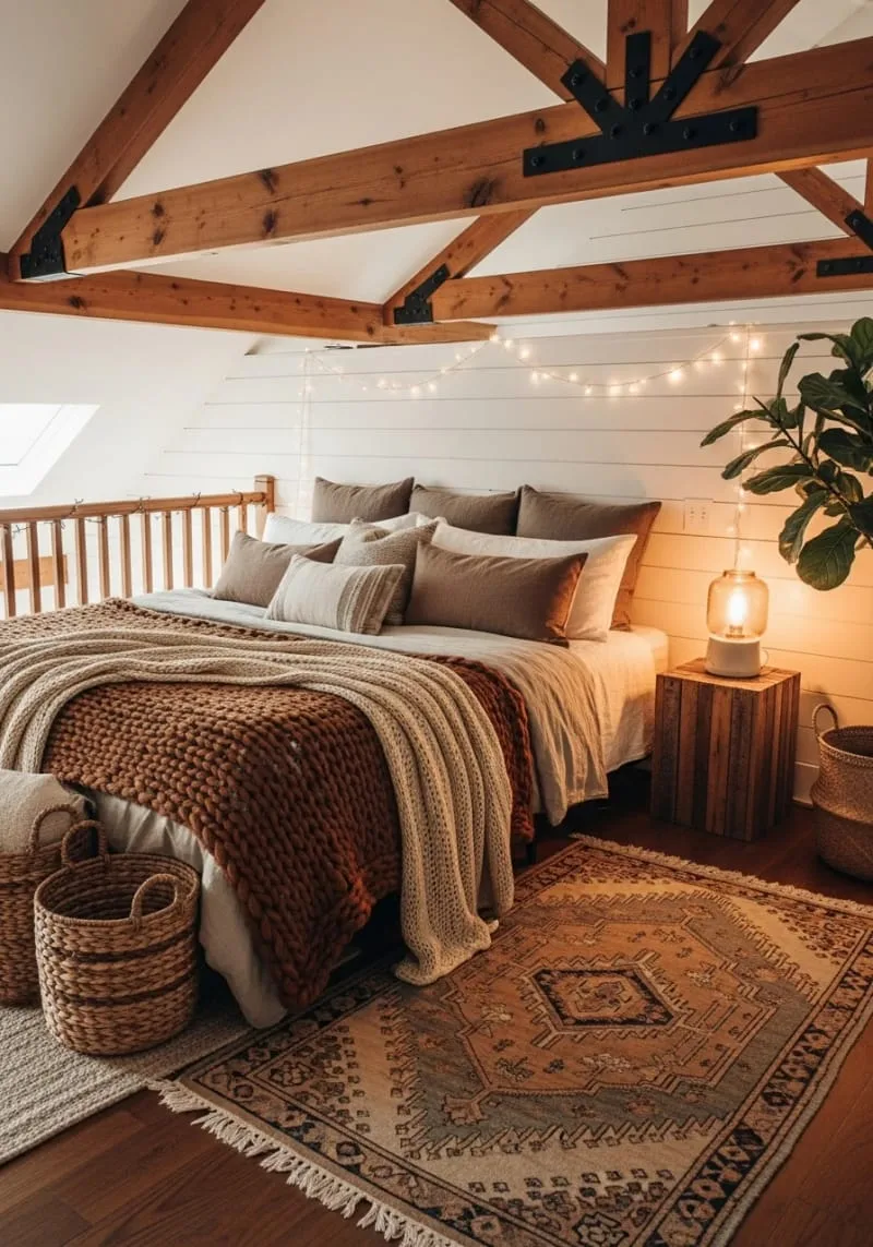 29 Unique Barndominium Interiors For Your Next Makeover 60 cozy loft bedroom with layered textiles and fairy lights 1