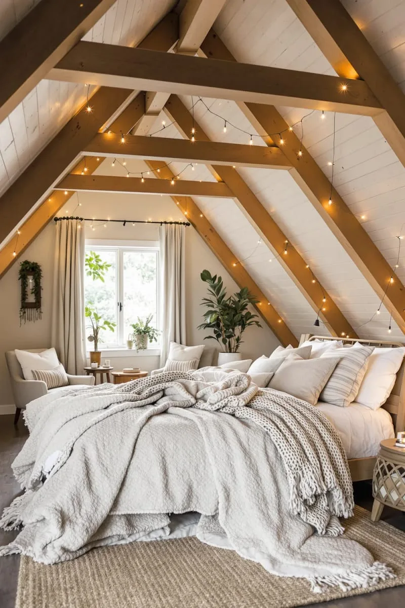 29 Unique Barndominium Interiors For Your Next Makeover 61 cozy loft bedroom with layered textiles and fairy lights 1