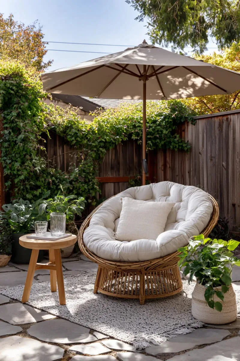 cozy nook with round rattan lounge and oversized umbrella 1