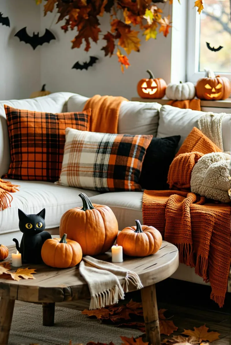 cozy plaid blankets and pumpkin pillows for a fall halloween aesthetic 1