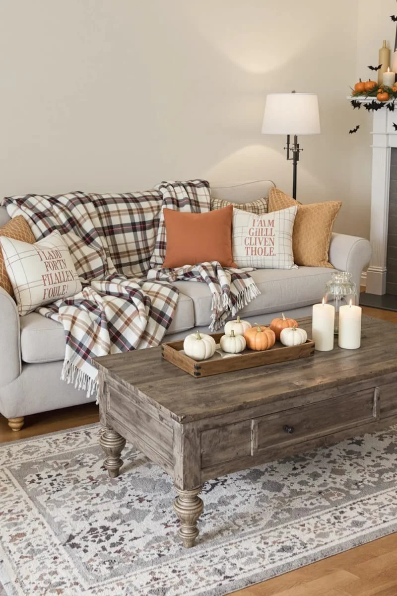 cozy plaid blankets and pumpkin pillows for a fall halloween aesthetic 1