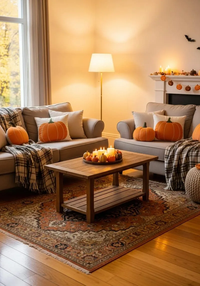 cozy plaid blankets and pumpkin pillows for a fall halloween aesthetic 1