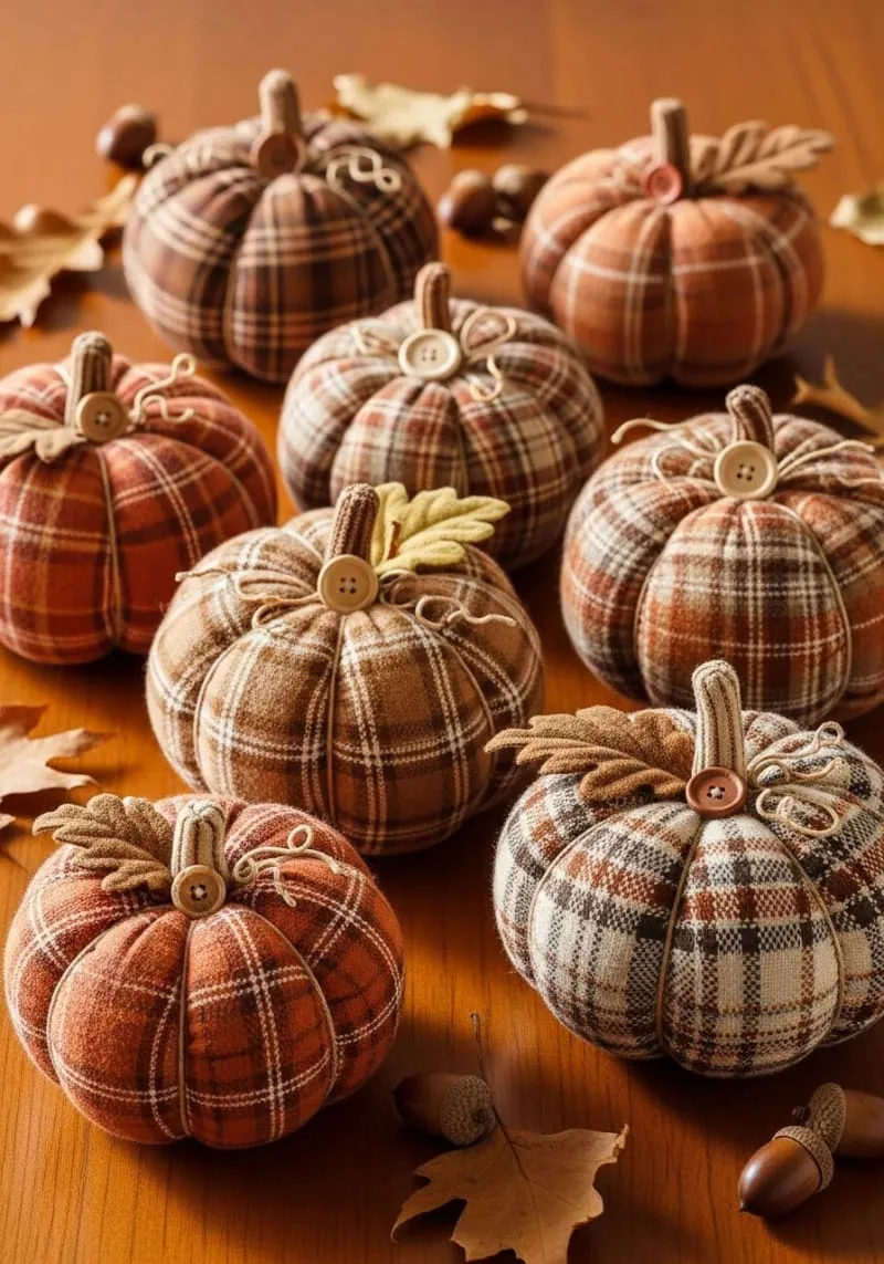 cozy plaid fabric pumpkins with button stems for tabletops 1