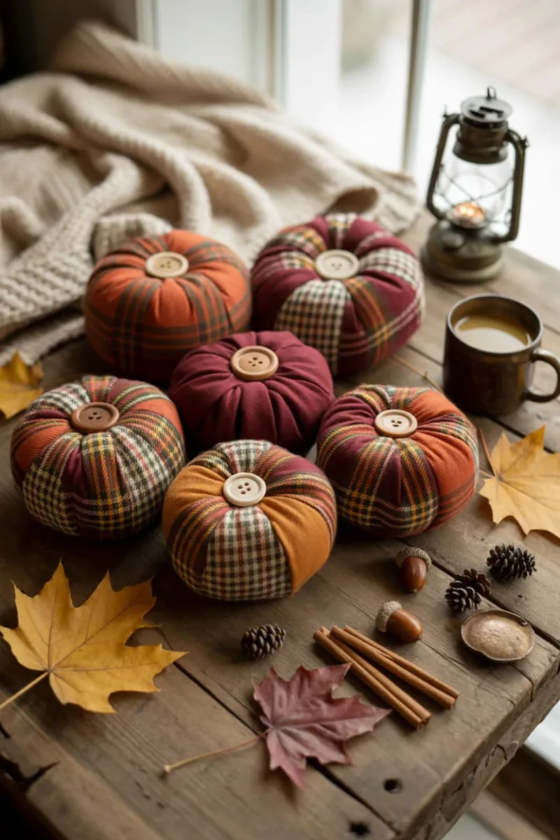 cozy plaid fabric pumpkins with button stems for tabletops 1