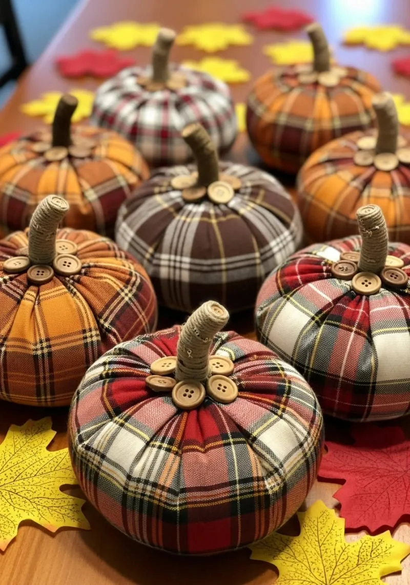 cozy plaid fabric pumpkins with button stems for tabletops 1