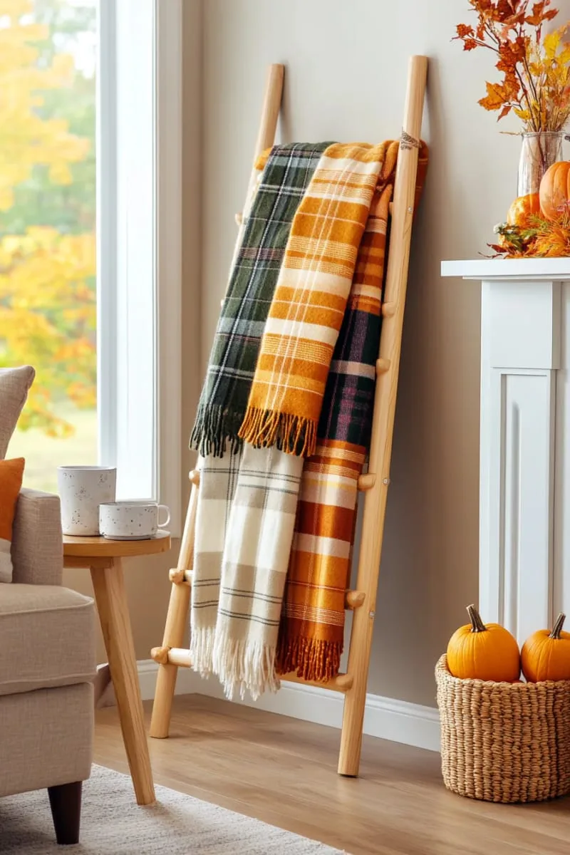 cozy plaid throw blanket ladder in the living room 1