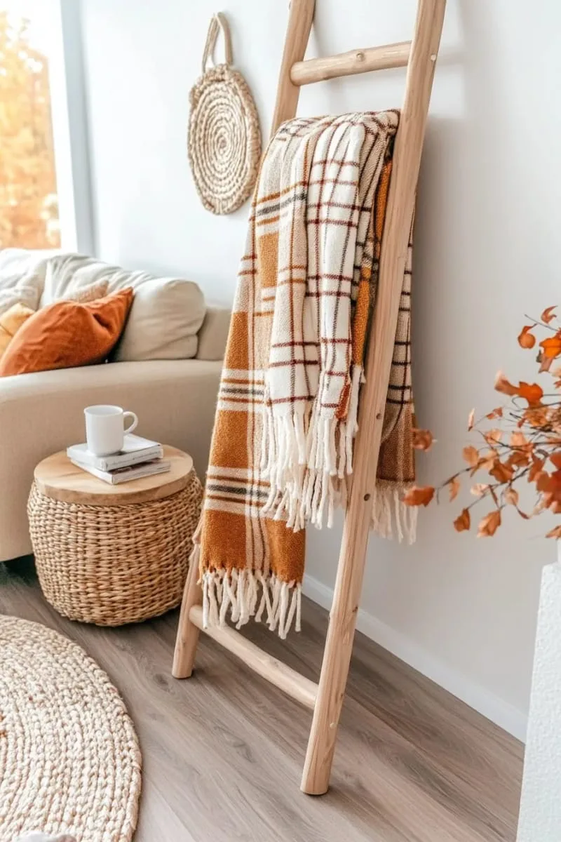 cozy plaid throw blanket ladder in the living room 1