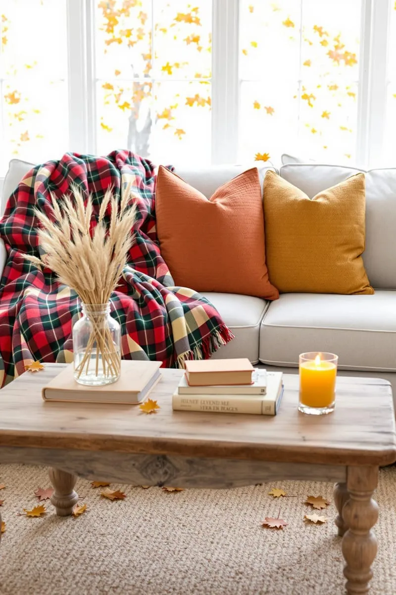 cozy plaid throw blankets and burnt orange accent pillows on sofas 1