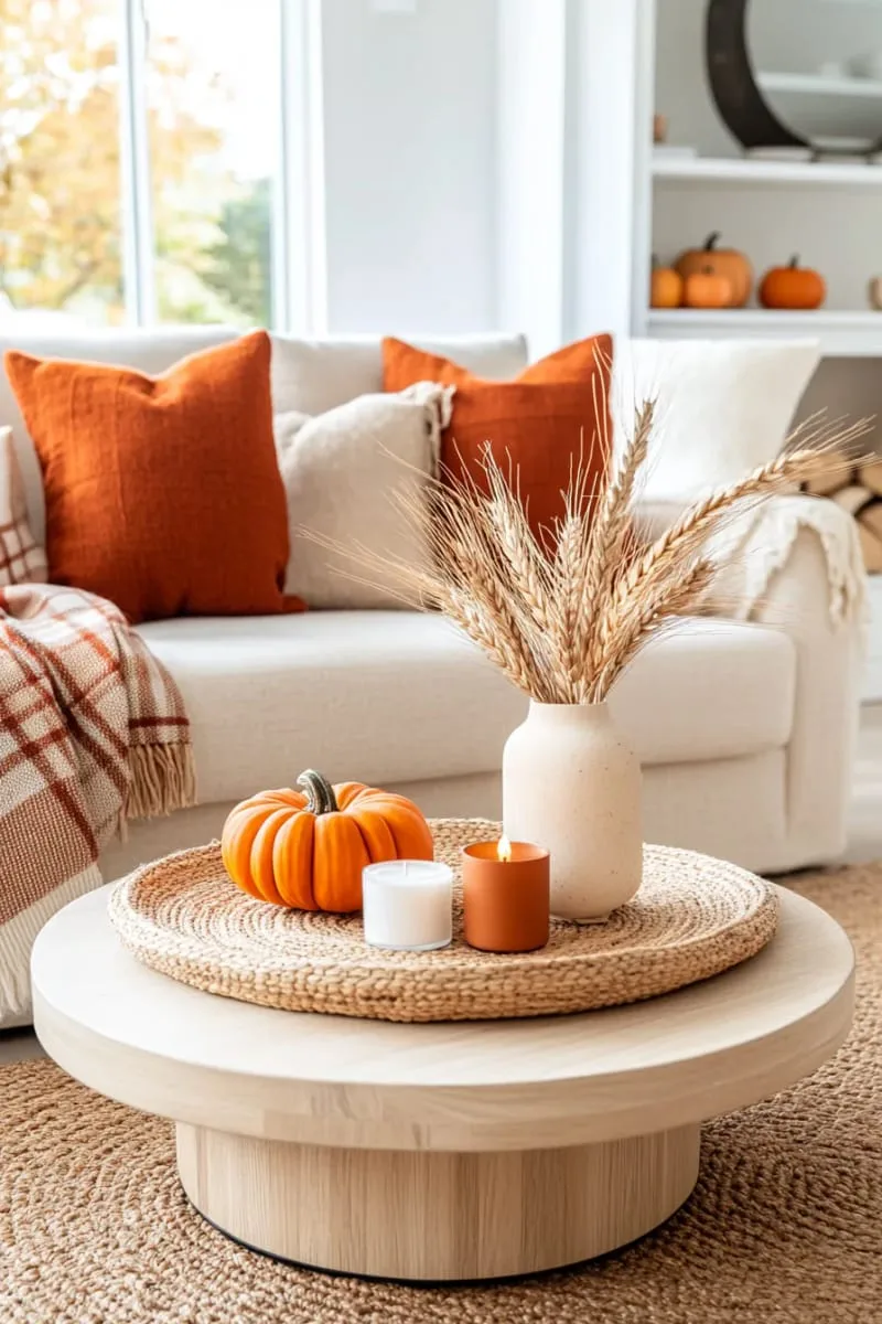 cozy plaid throw blankets and burnt orange accent pillows on sofas 1