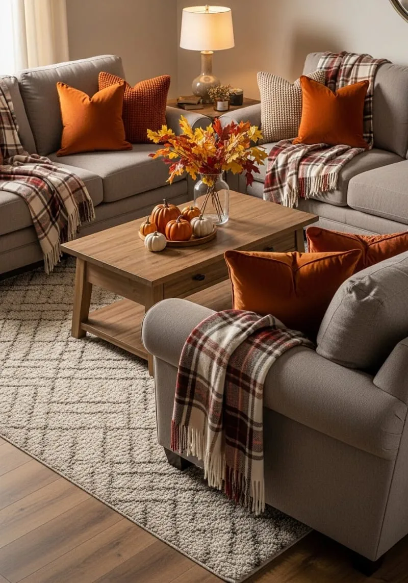 cozy plaid throw blankets and burnt orange accent pillows on sofas 1