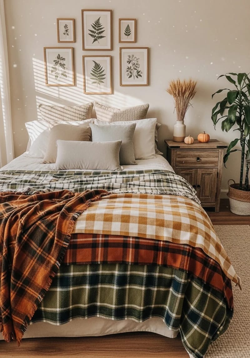 cozy plaid throw blankets layered across the bed 1
