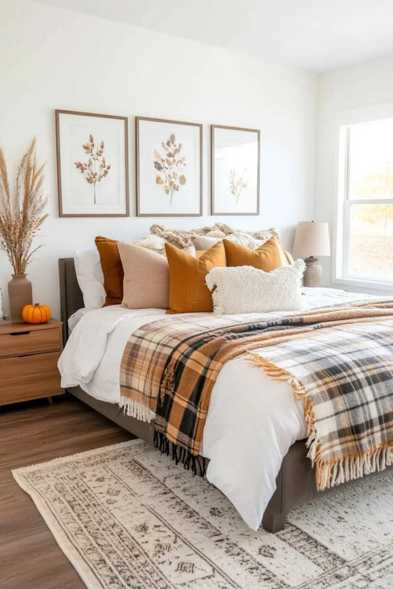 cozy plaid throw blankets layered across the bed 1