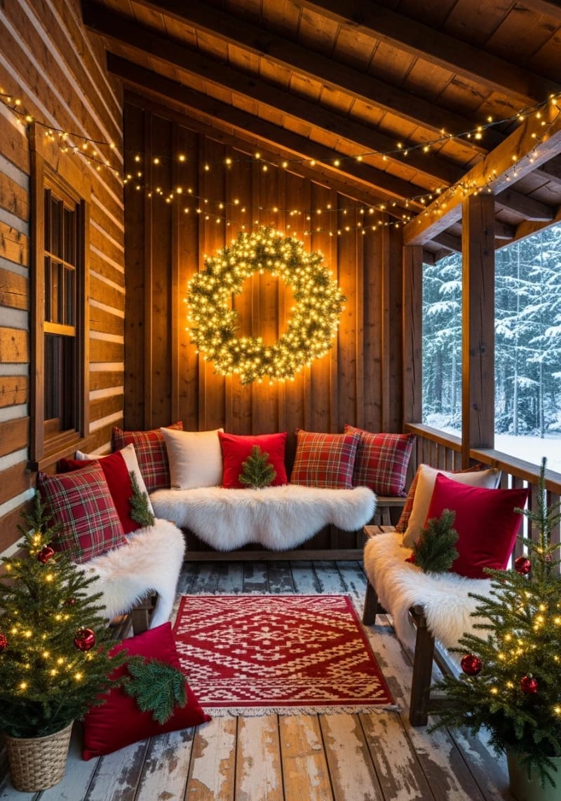 31 Outdoor Christmas Decorations: Ideas for a Magical Welcome 23 cozy plaid throw pillows with pine sprigs on porch benches 1