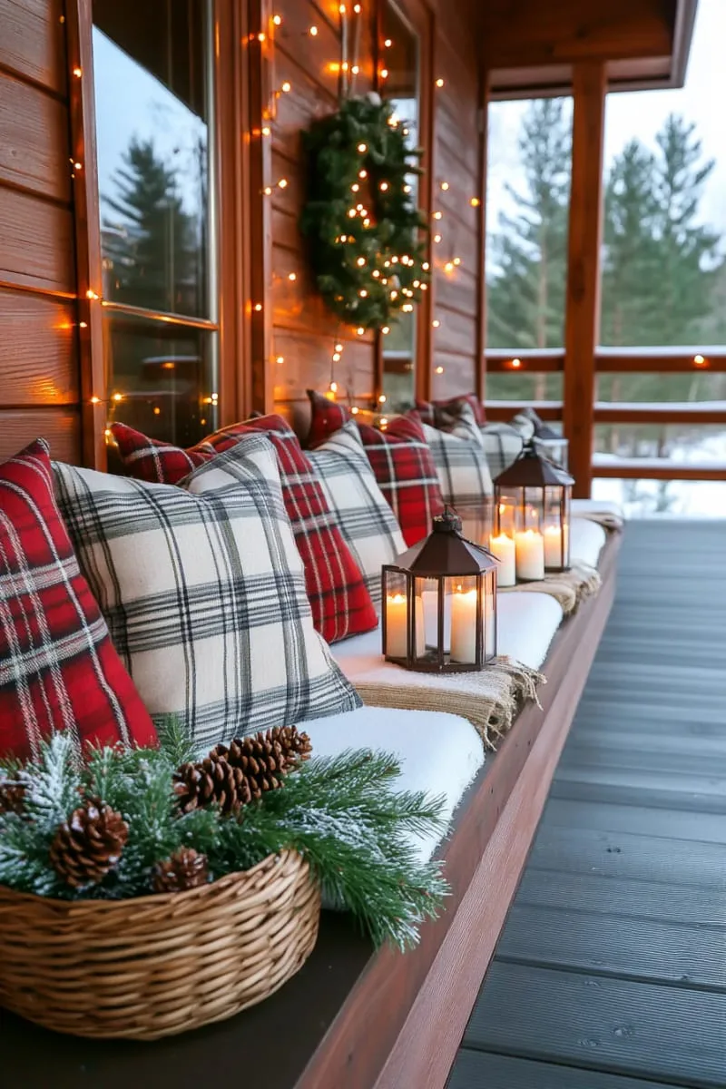 cozy plaid throw pillows with pine sprigs on porch benches 1