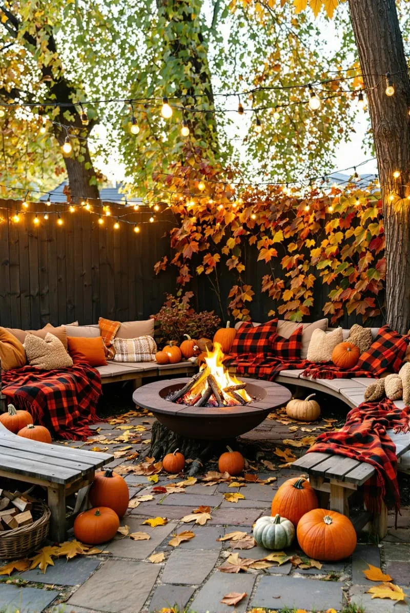 cozy plaid throws draped over outdoor seating 1