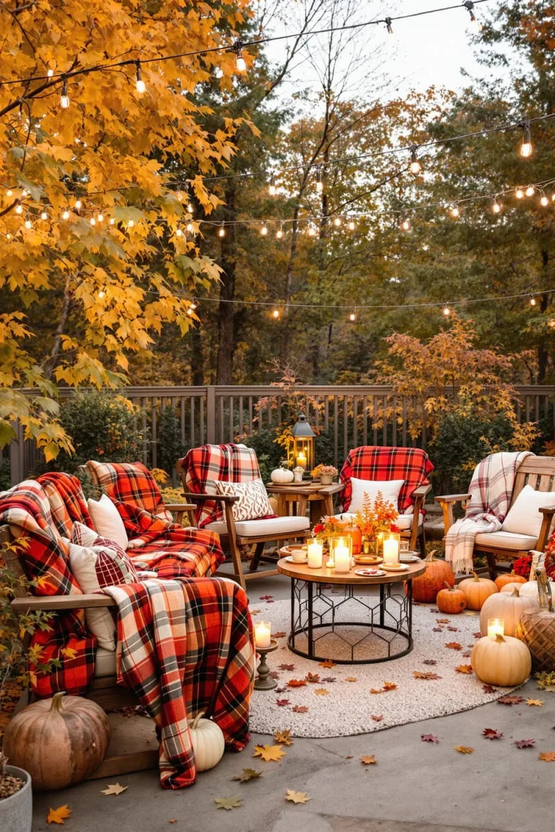 cozy plaid throws draped over outdoor seating 1