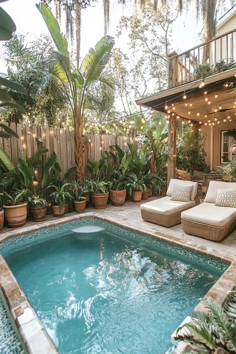 27 New Small Backyard Designs to Copy For Your Outdoor Space 2 cozy plunge pool surrounded by lush potted plants and string lights 1
