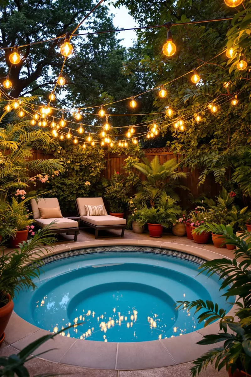 27 New Small Backyard Designs to Copy For Your Outdoor Space 3 cozy plunge pool surrounded by lush potted plants and string lights 1