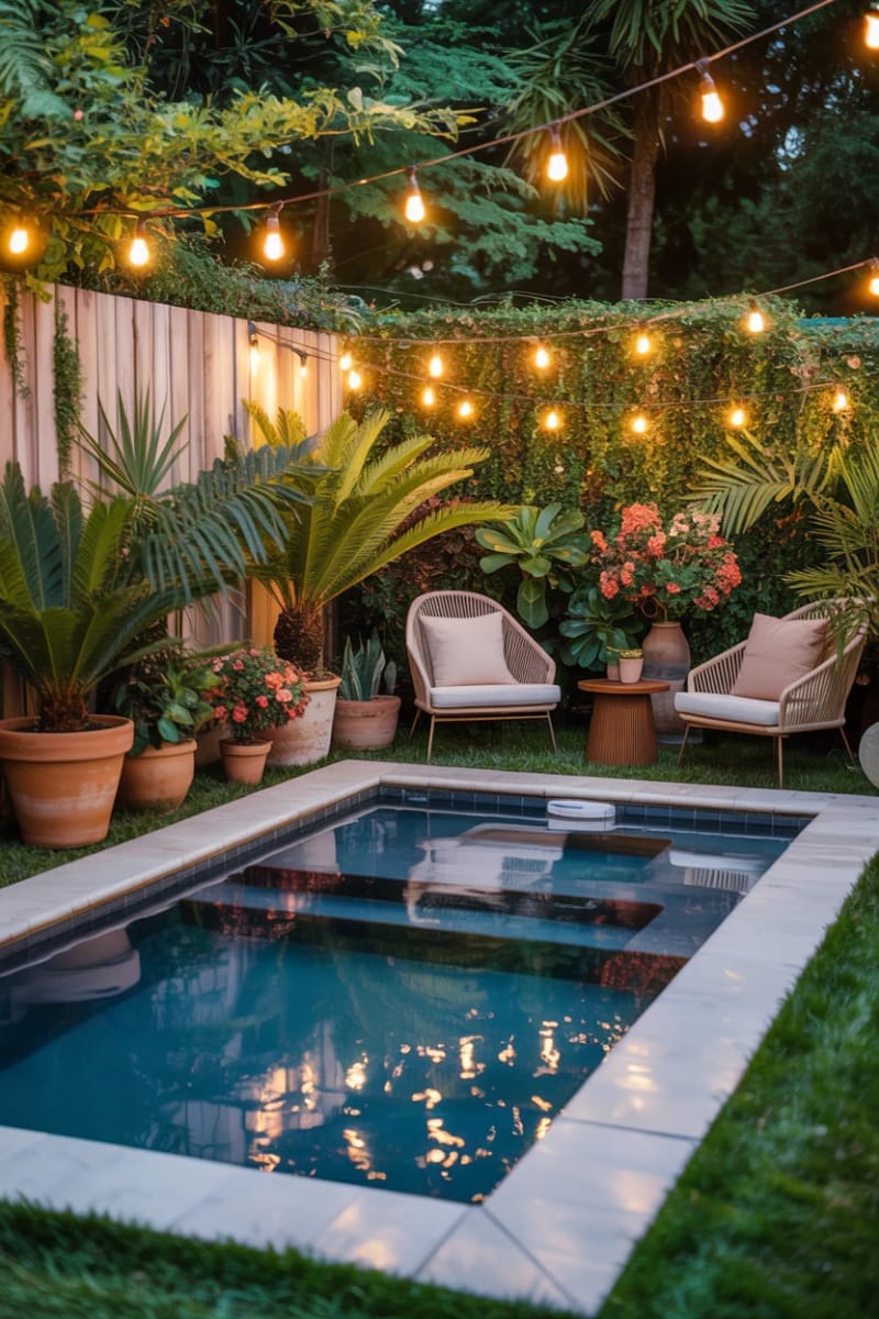 cozy plunge pool surrounded by lush potted plants and string lights 1