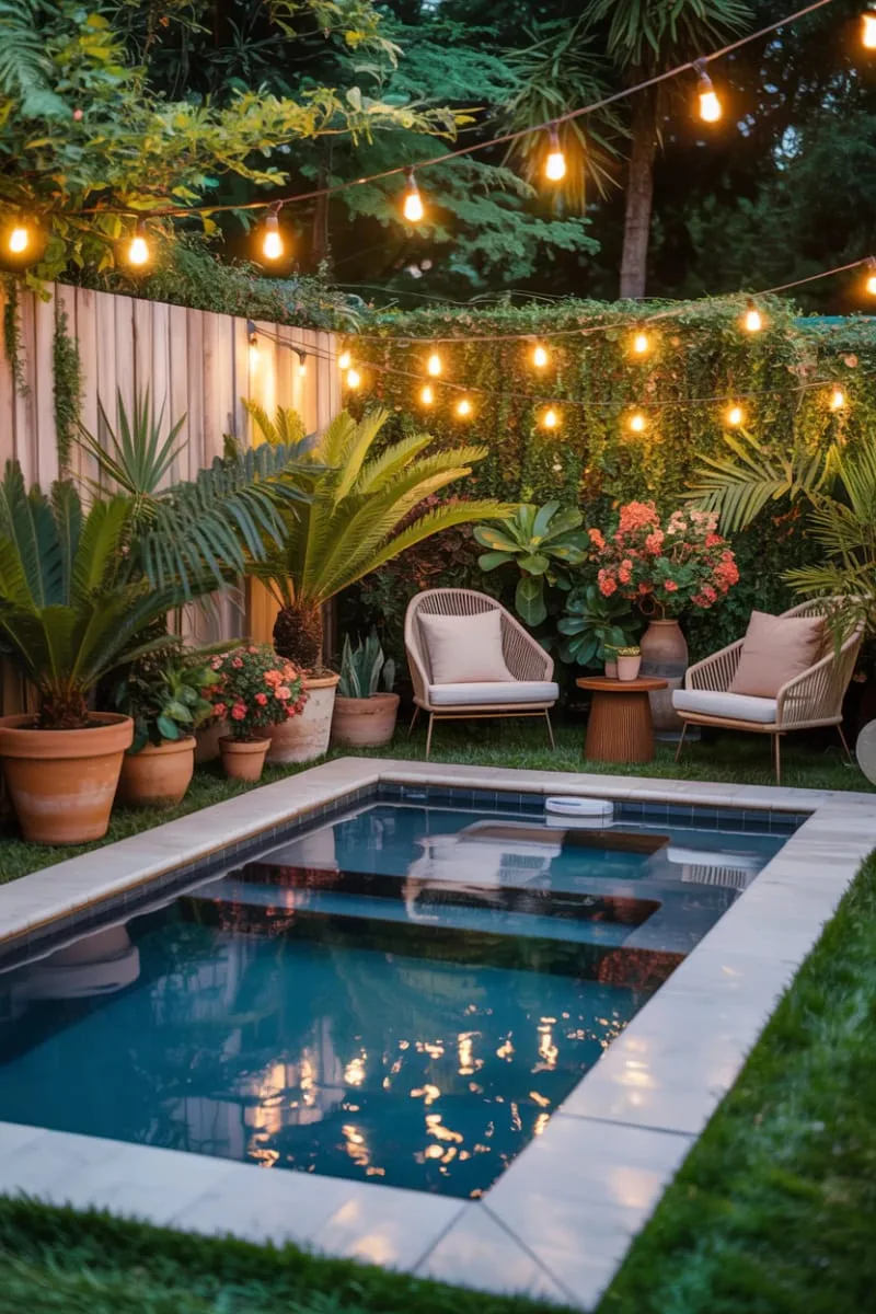 27 New Small Backyard Designs to Copy For Your Outdoor Space 4 cozy plunge pool surrounded by lush potted plants and string lights 1