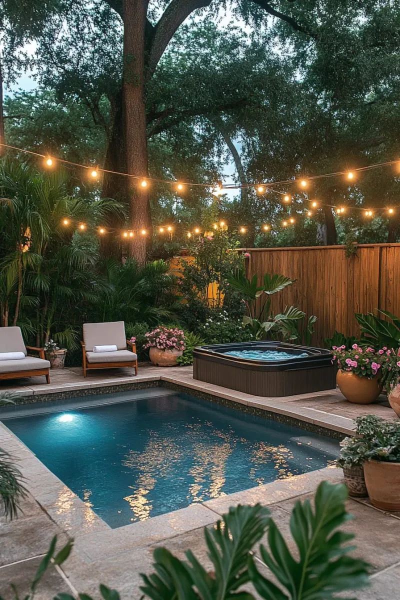27 New Small Backyard Designs to Copy For Your Outdoor Space 5 cozy plunge pool surrounded by lush potted plants and string lights 1