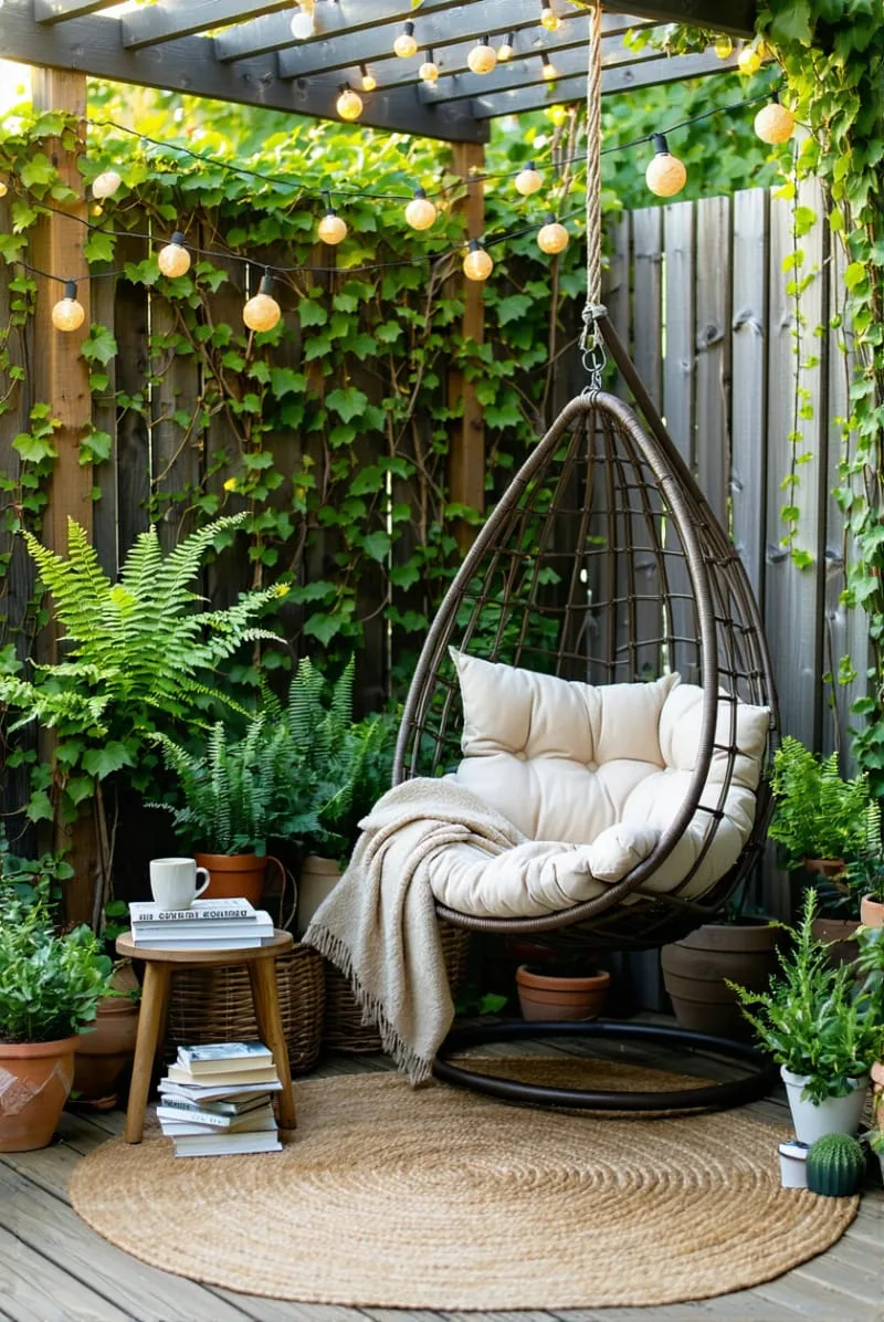 cozy reading corner with hanging egg chair and potted plants 1