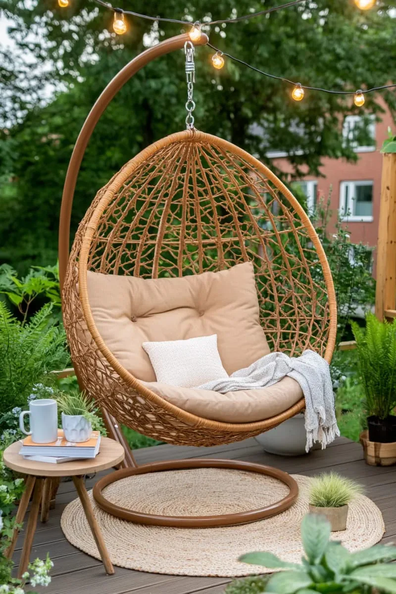 cozy reading corner with hanging egg chair and potted plants 1
