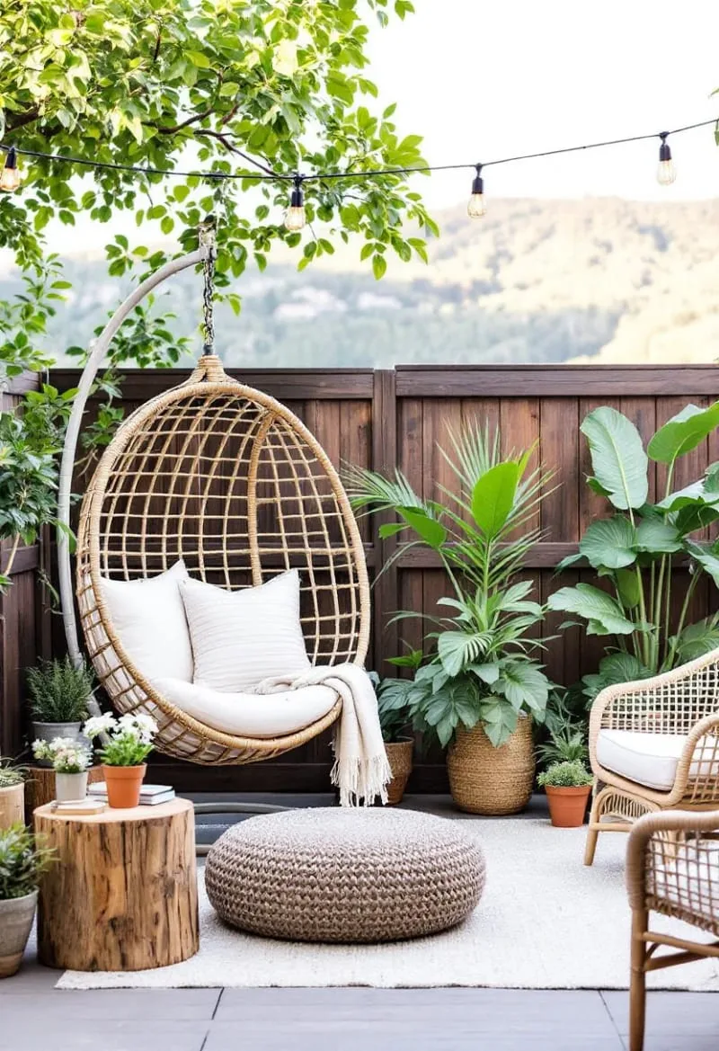 cozy reading corner with hanging egg chair and potted plants 1