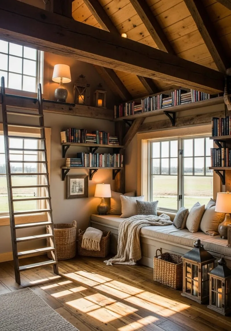 29 Unique Barndominium Interiors For Your Next Makeover 15 cozy reading nook built into a hayloft-inspired mezzanine 1