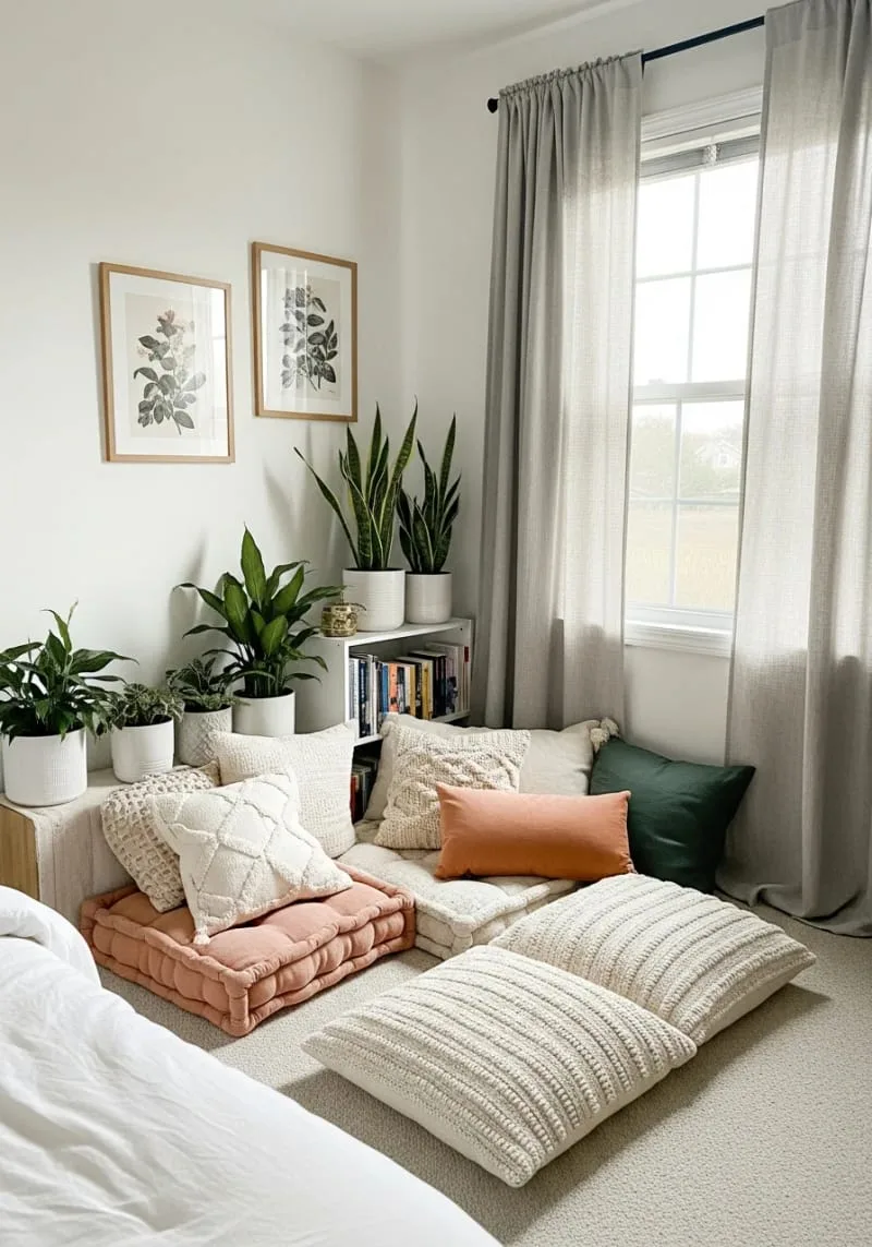 cozy reading nook in a corner with floor pillows and side table 1
