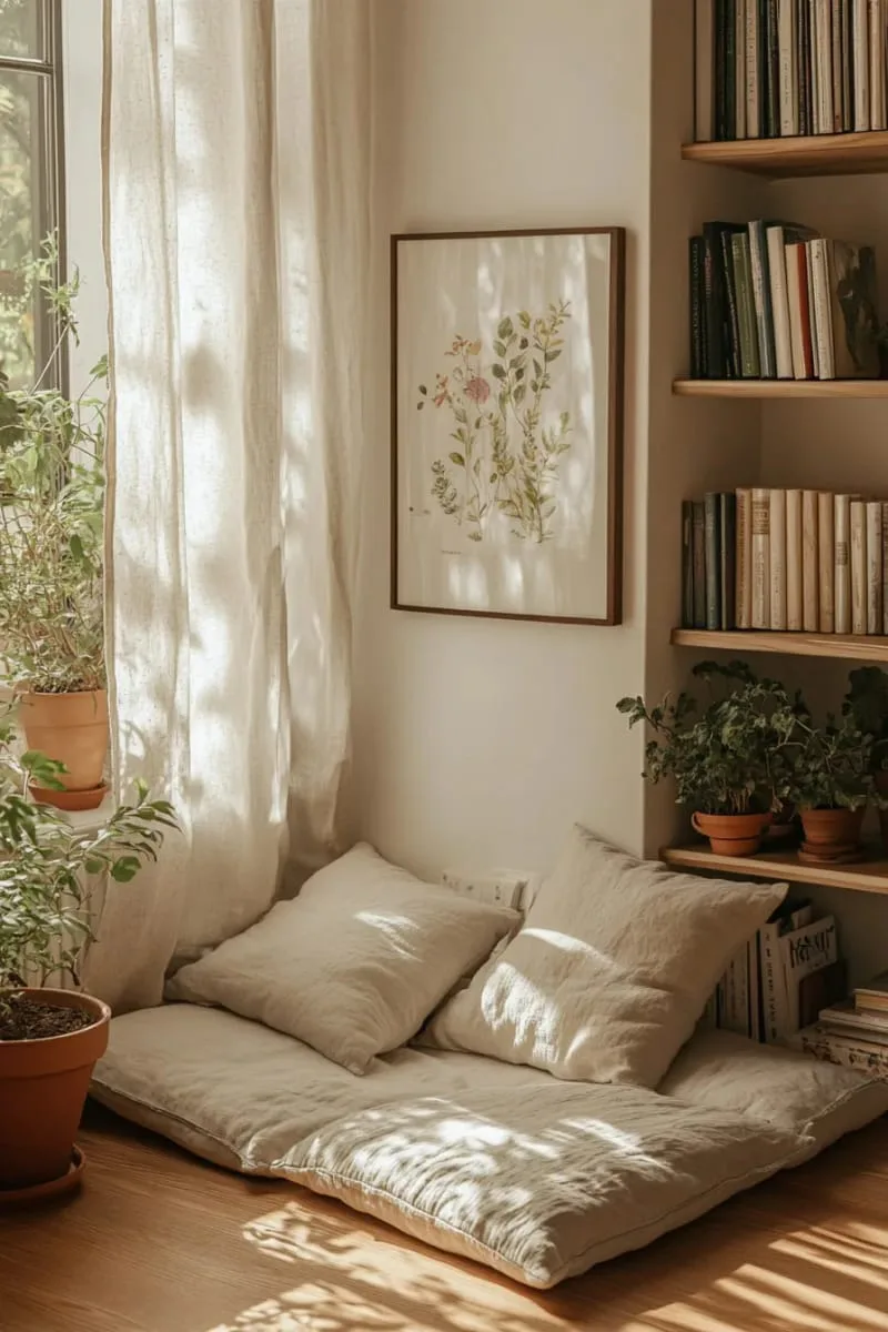 cozy reading nook in a corner with floor pillows and side table 1