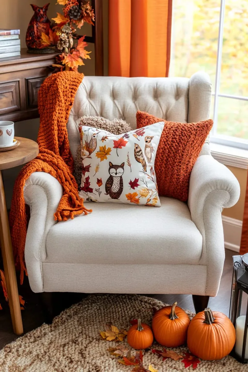 cozy reading nook styled with woodland animal throw pillows 1