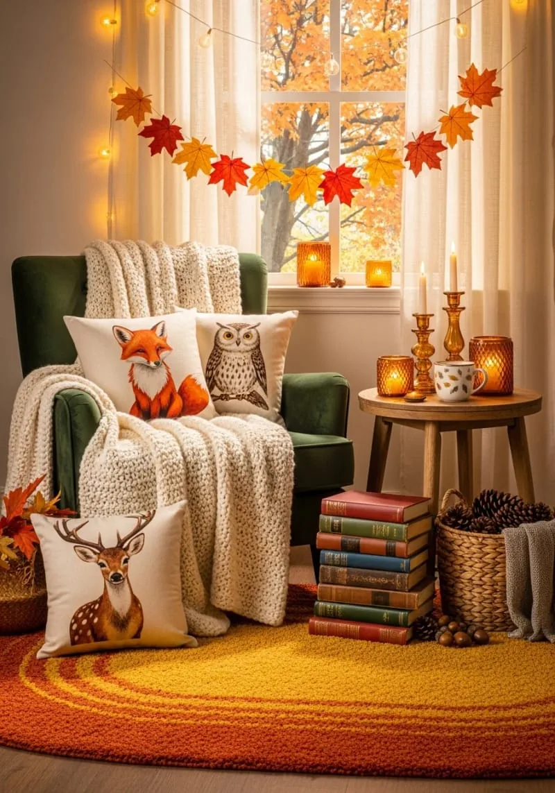 cozy reading nook styled with woodland animal throw pillows 1