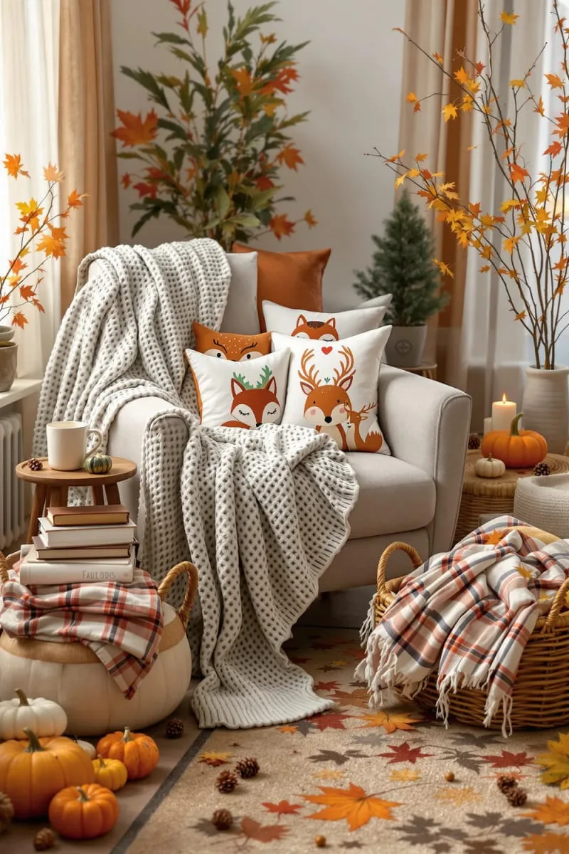 cozy reading nook styled with woodland animal throw pillows 1