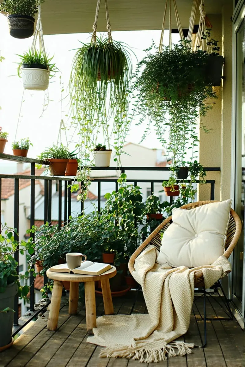 cozy reading nook surrounded by lush hanging spider plants 1