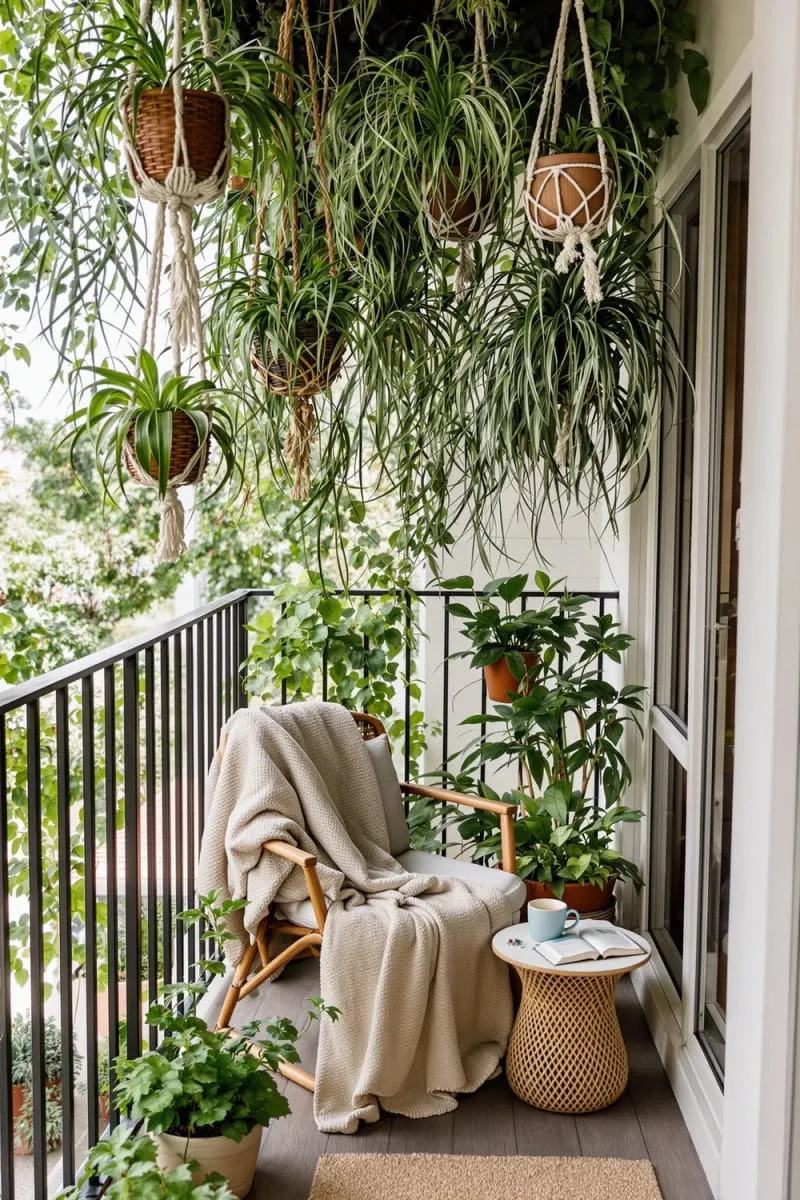 cozy reading nook surrounded by lush hanging spider plants 1