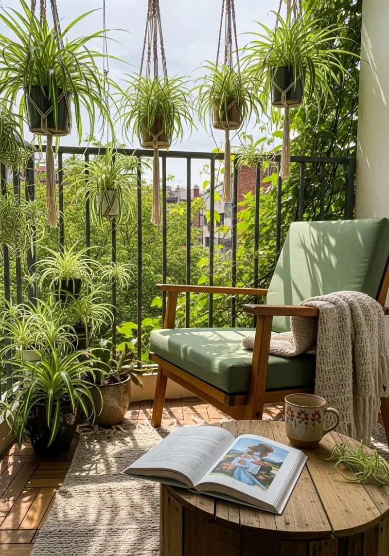 cozy reading nook surrounded by lush hanging spider plants 1