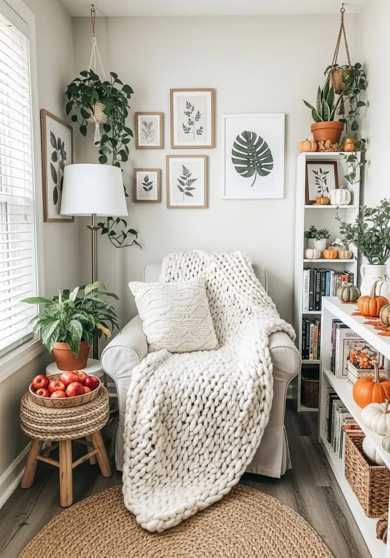 cozy reading nook with chunky knit blanket and apple basket stool 1