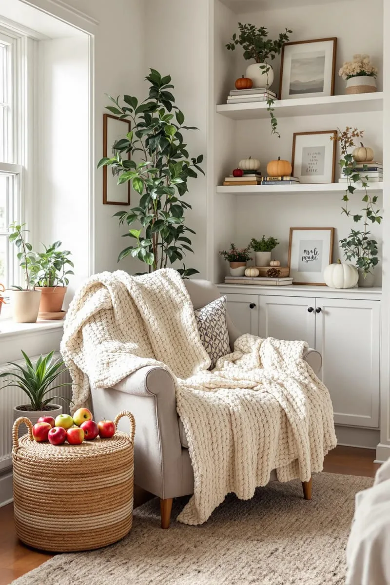 cozy reading nook with chunky knit blanket and apple basket stool 1