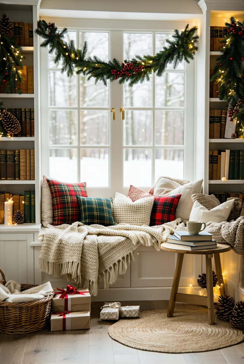 cozy reading nook with plaid pillows and chunky knit throws 1