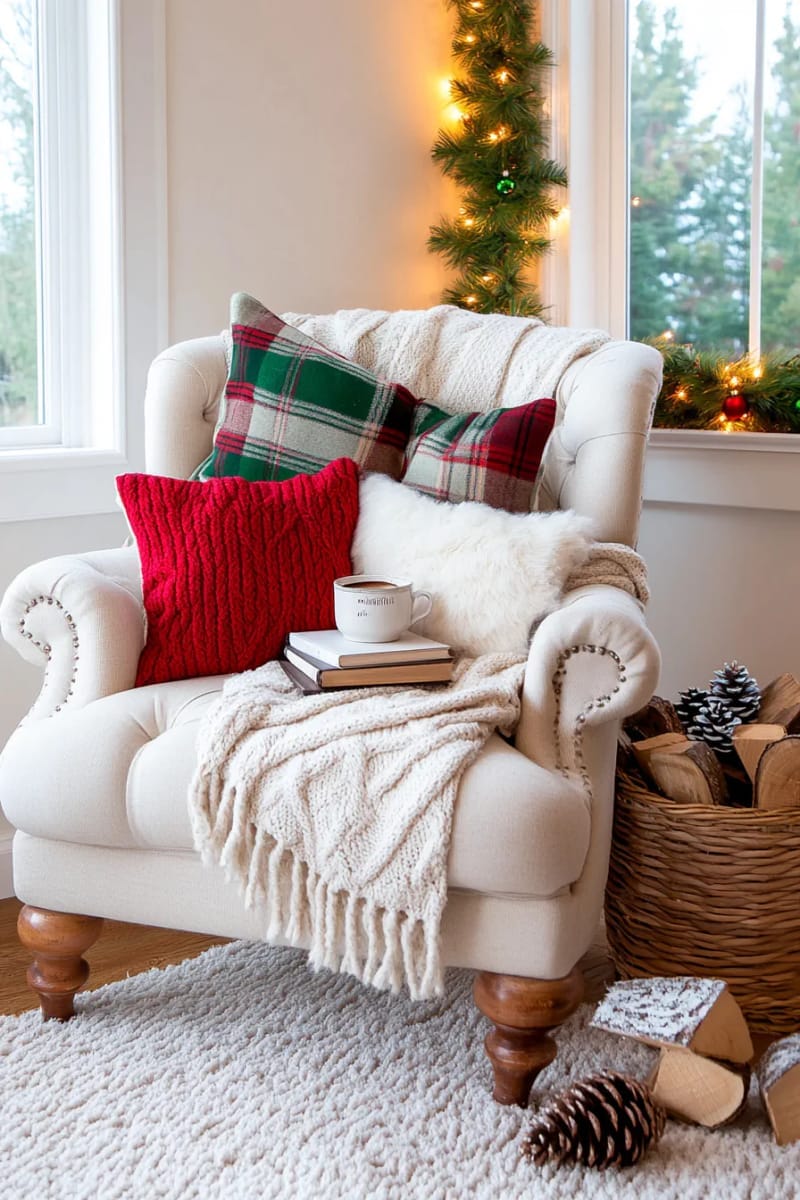 cozy reading nook with plaid pillows and chunky knit throws 1