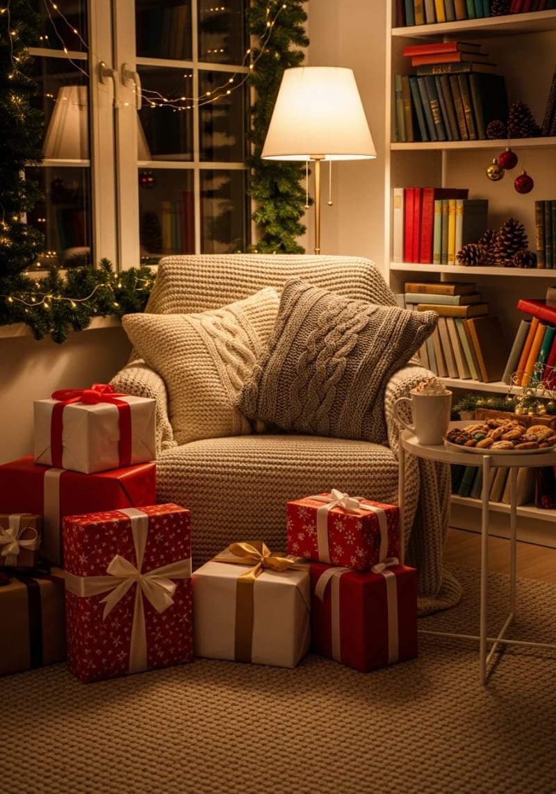 cozy reading nook with stacked presents and chunky knit pillows 1