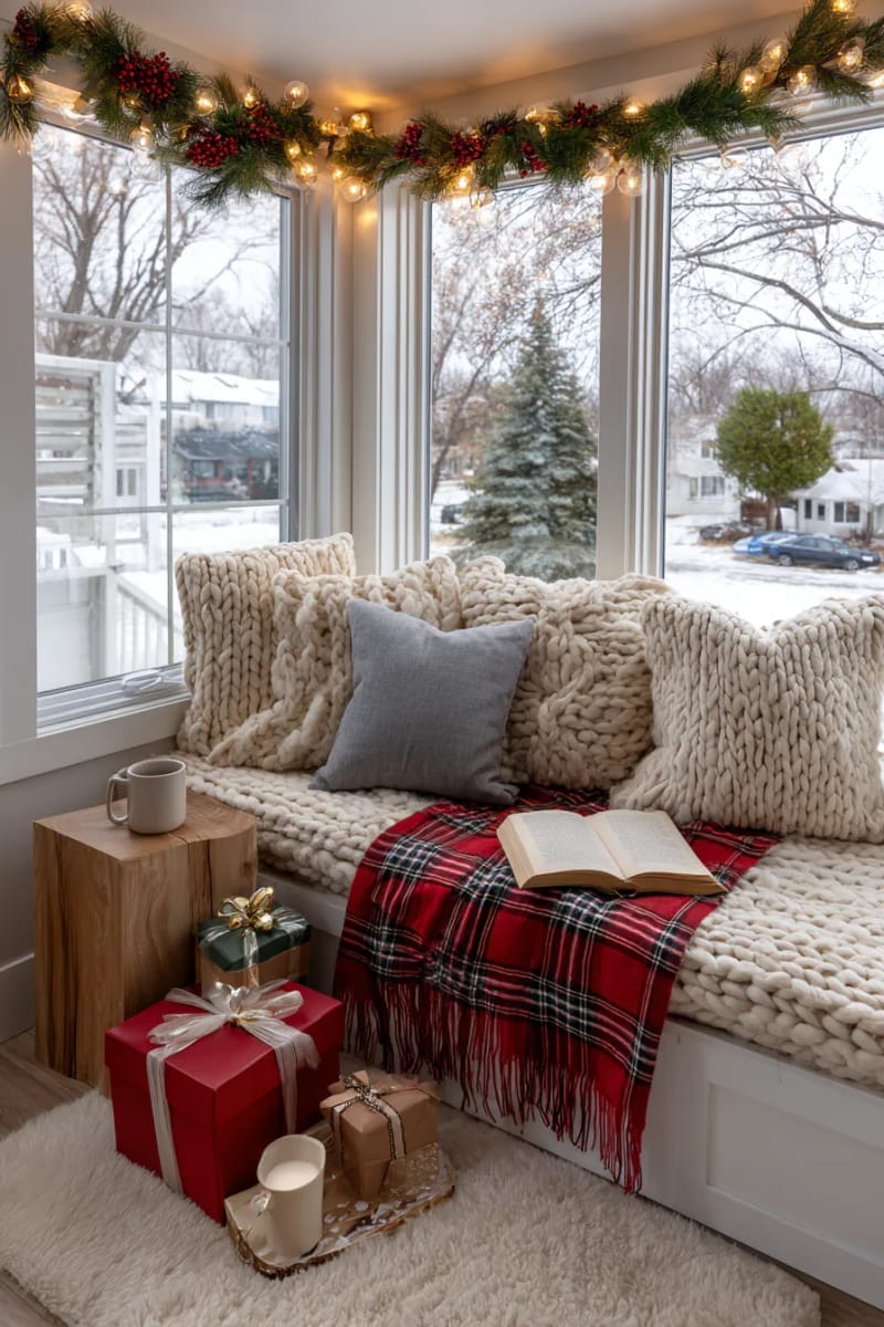 cozy reading nook with stacked presents and chunky knit pillows 1