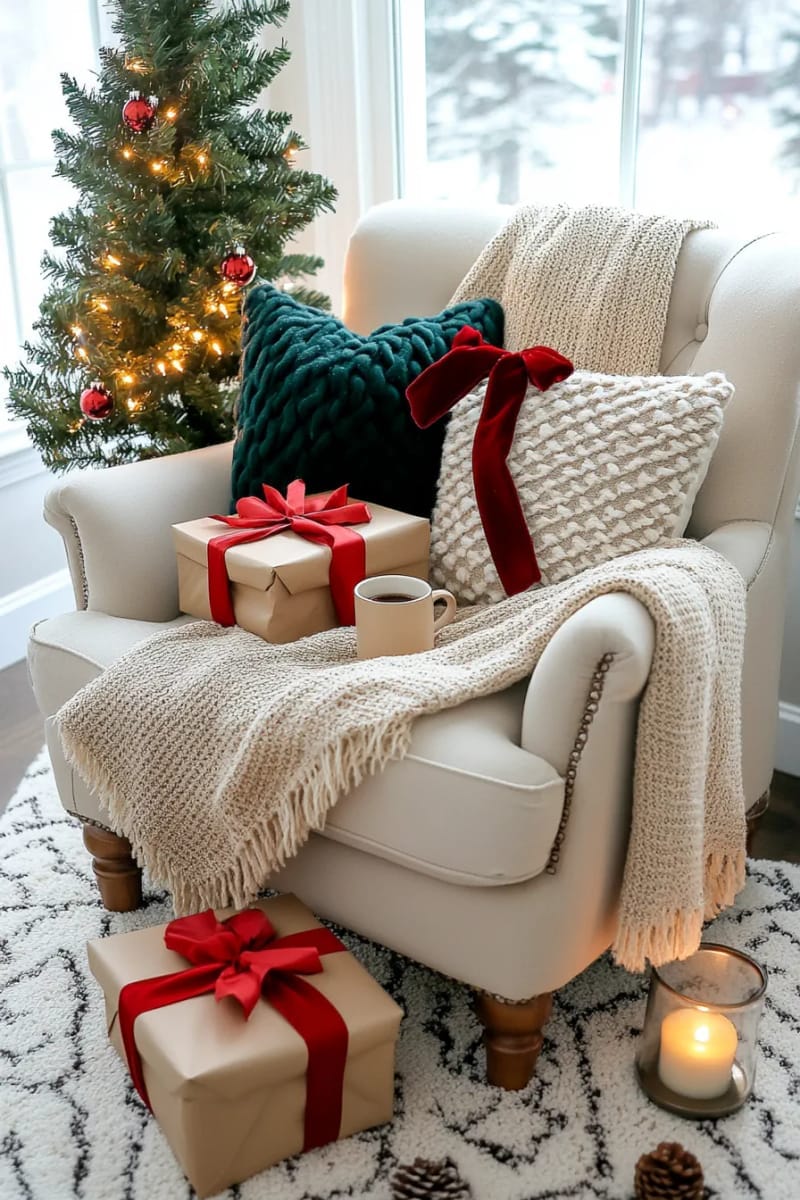 cozy reading nook with stacked presents and chunky knit pillows 1