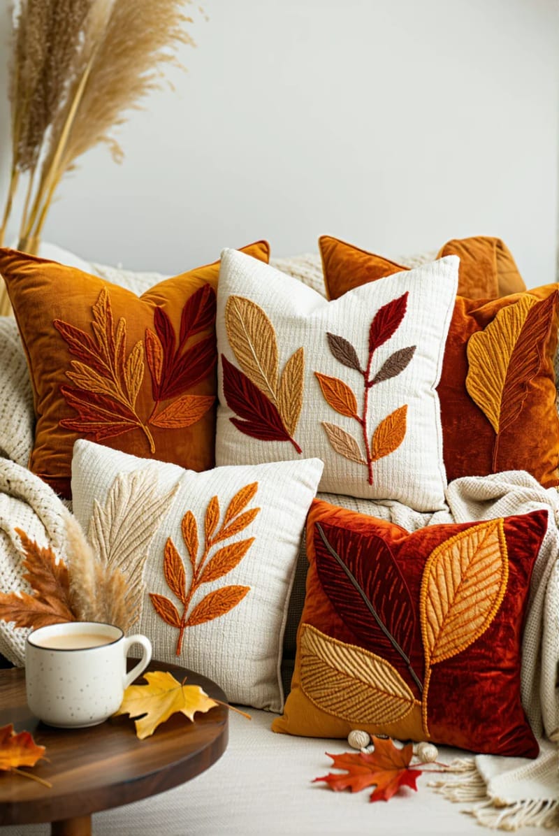 cozy throw pillows with embroidered autumn leaf patterns 1
