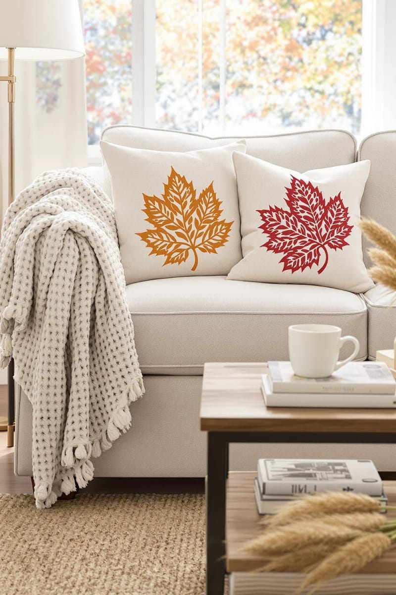 cozy throw pillows with embroidered autumn leaf patterns 1