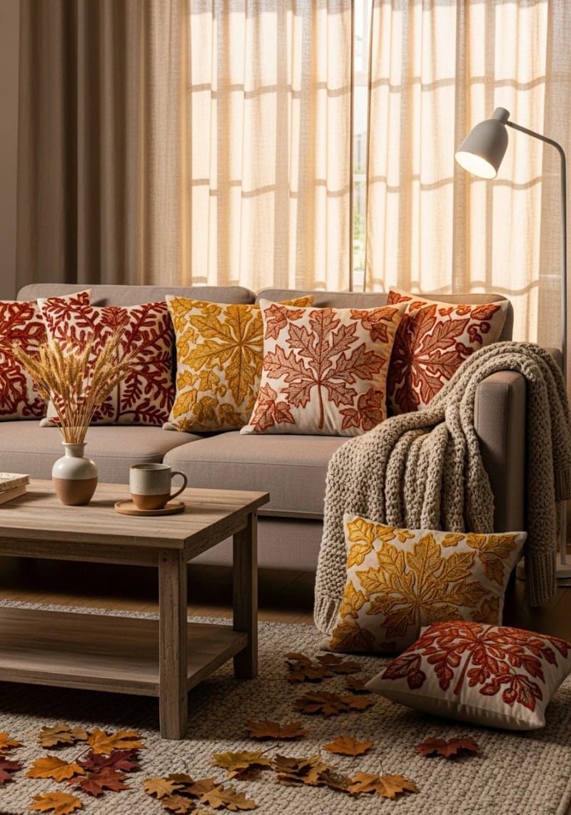 cozy throw pillows with embroidered autumn leaf patterns 1