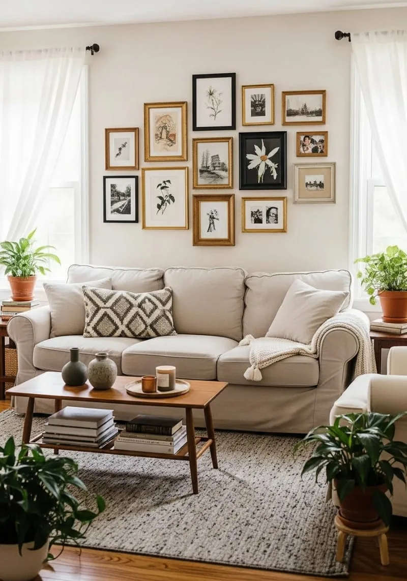 How to Decorate a Small Living Room on a Budget and In Style! 6 create a gallery wall with thrifted frames 1